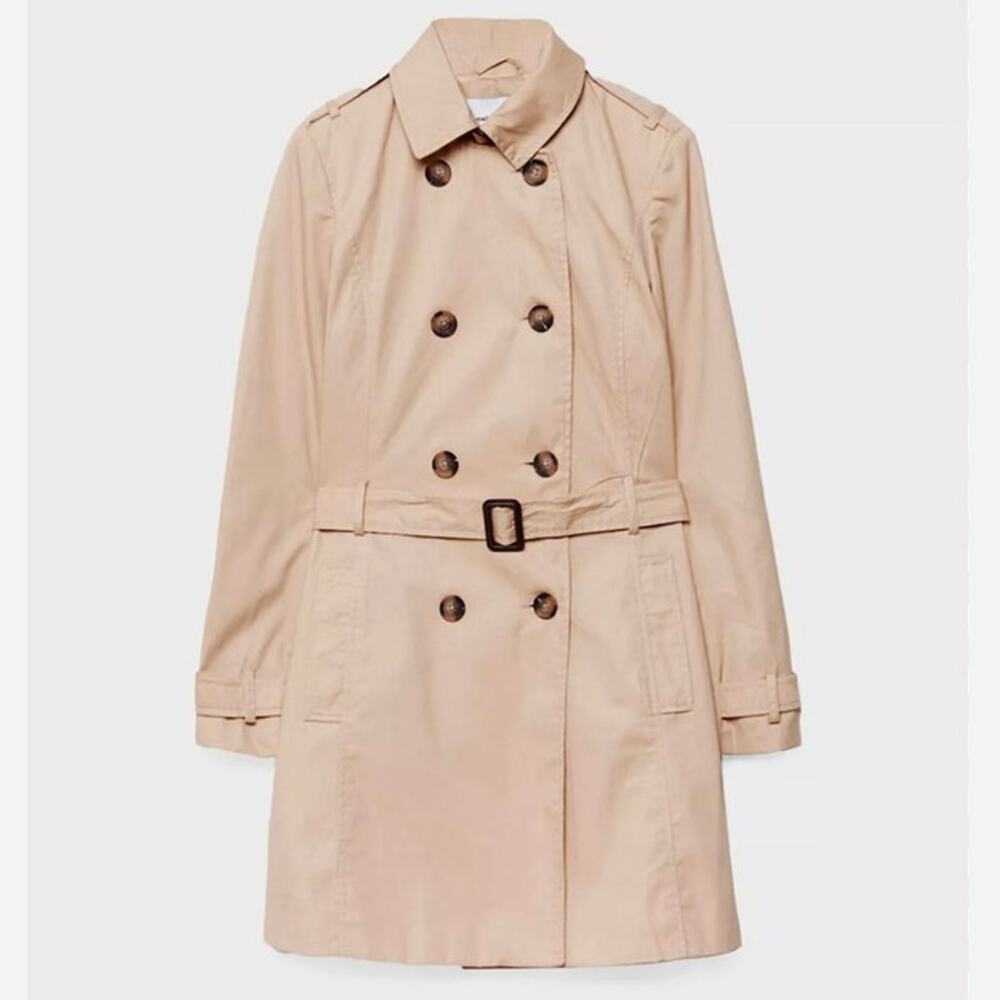 Stradivarius Double Breasted Trench Coat Lapel Collar Belted Size M Beige Short